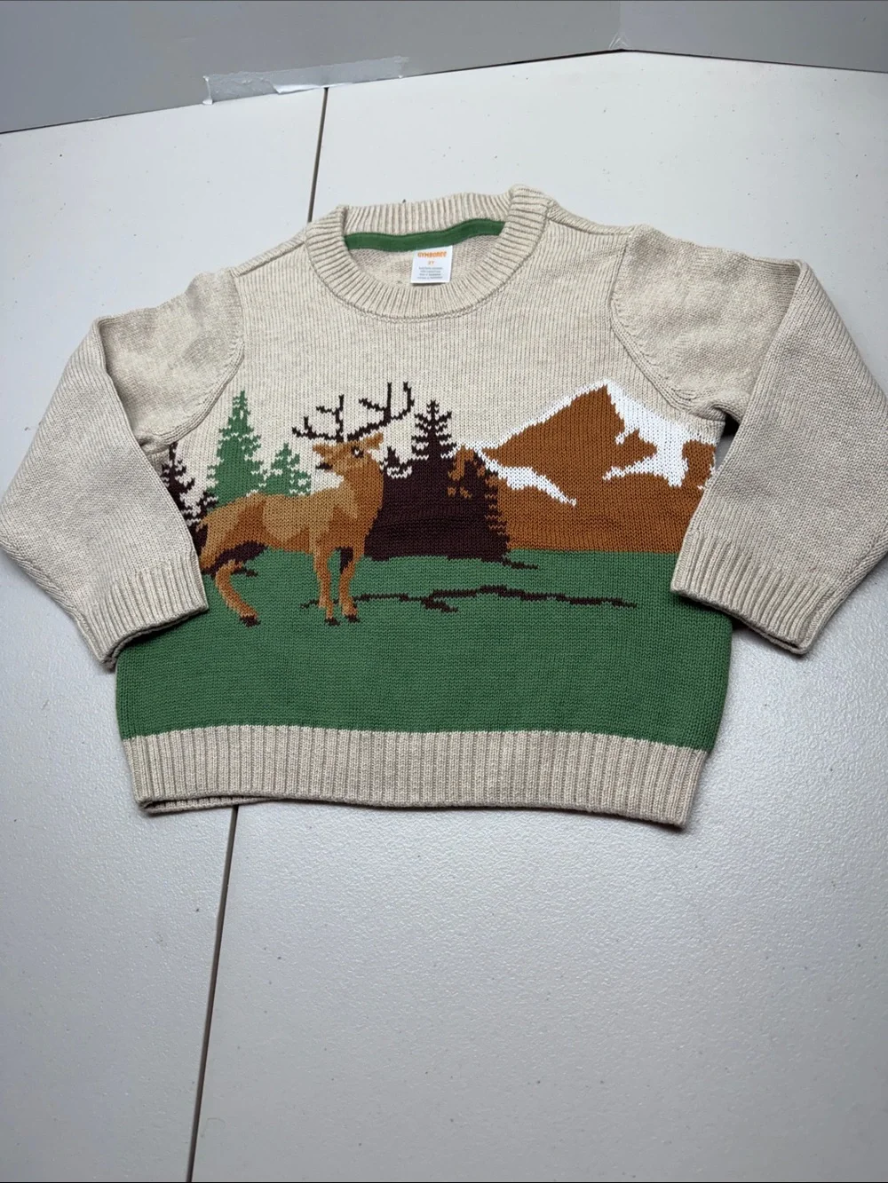 Gymboree Beige and Green Deer Scenic Crewneck Sweater. NWOT